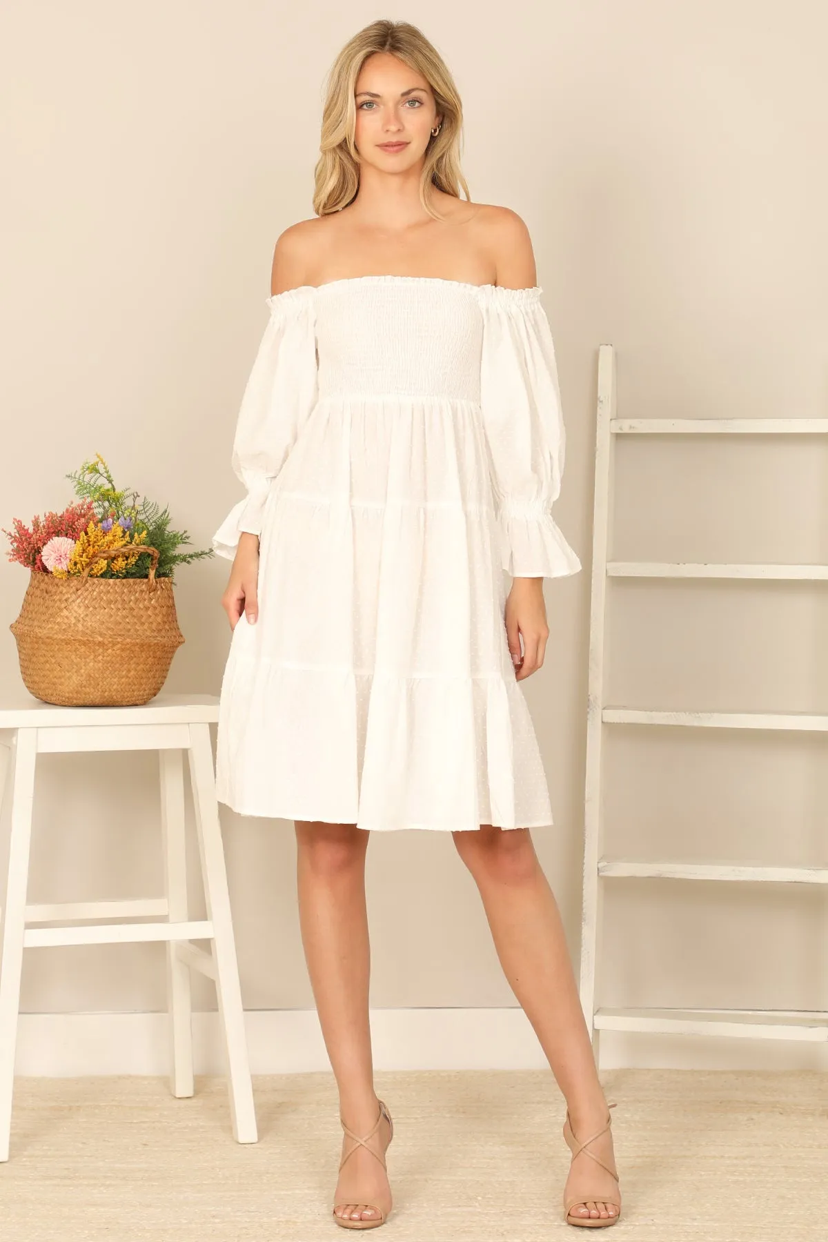 SMOCKED OFF SHOULDER PUFF SLEEVE WAIST BACK TIE SOLID DRESS