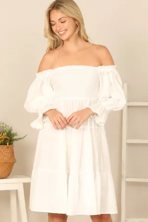 SMOCKED OFF SHOULDER PUFF SLEEVE WAIST BACK TIE SOLID DRESS