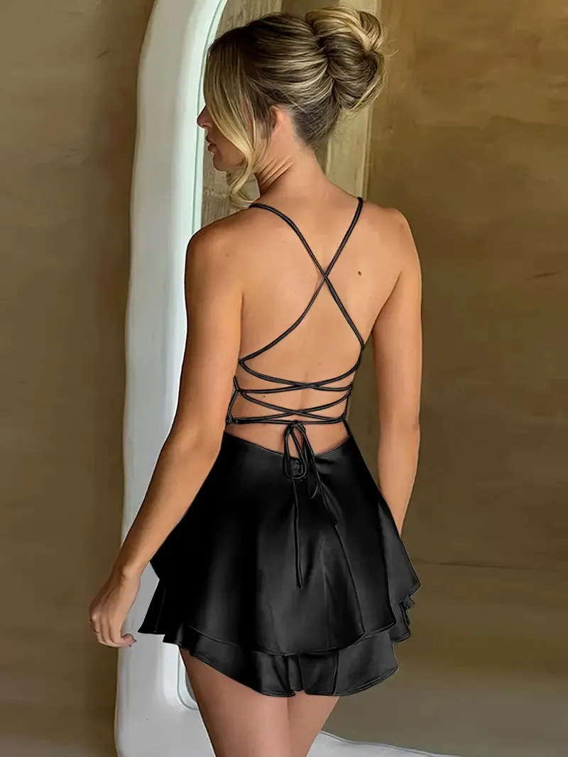 SNATCHED SATIN LACE UP MINI DRESS - BLACK