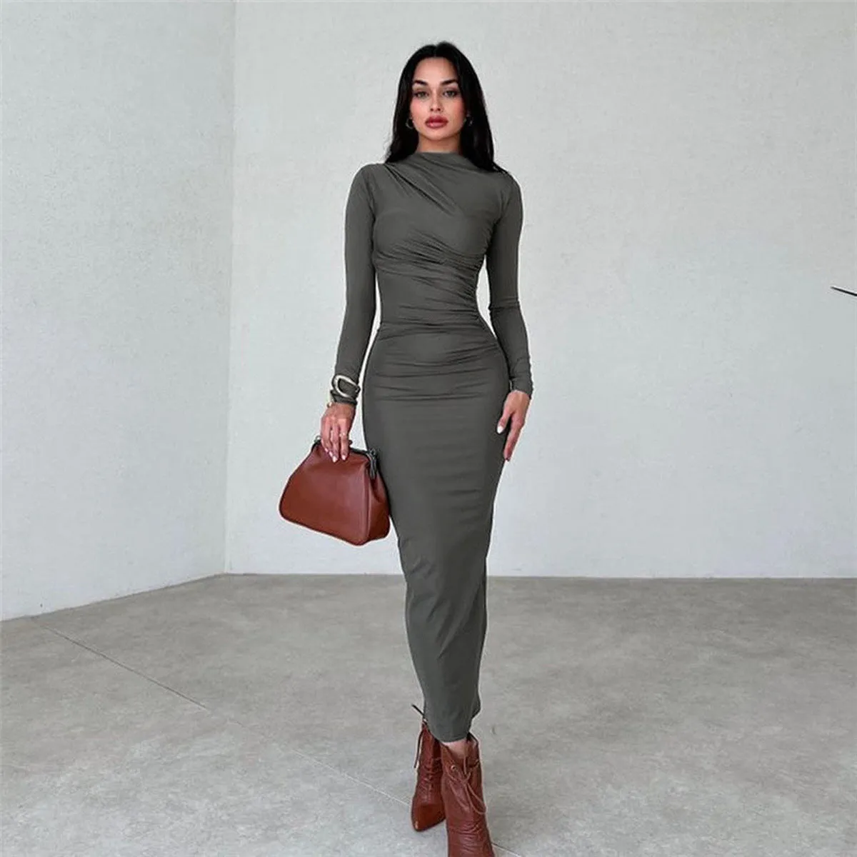 Solid Charcoal Side Ruched Dress