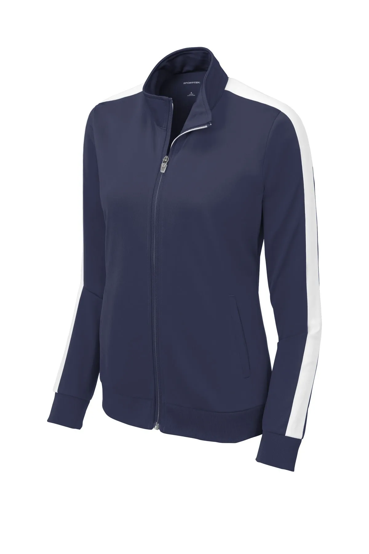 Sport-Tek  Ladies Tricot Sleeve Stripe Track Jacket. LST94 True Navy/ White