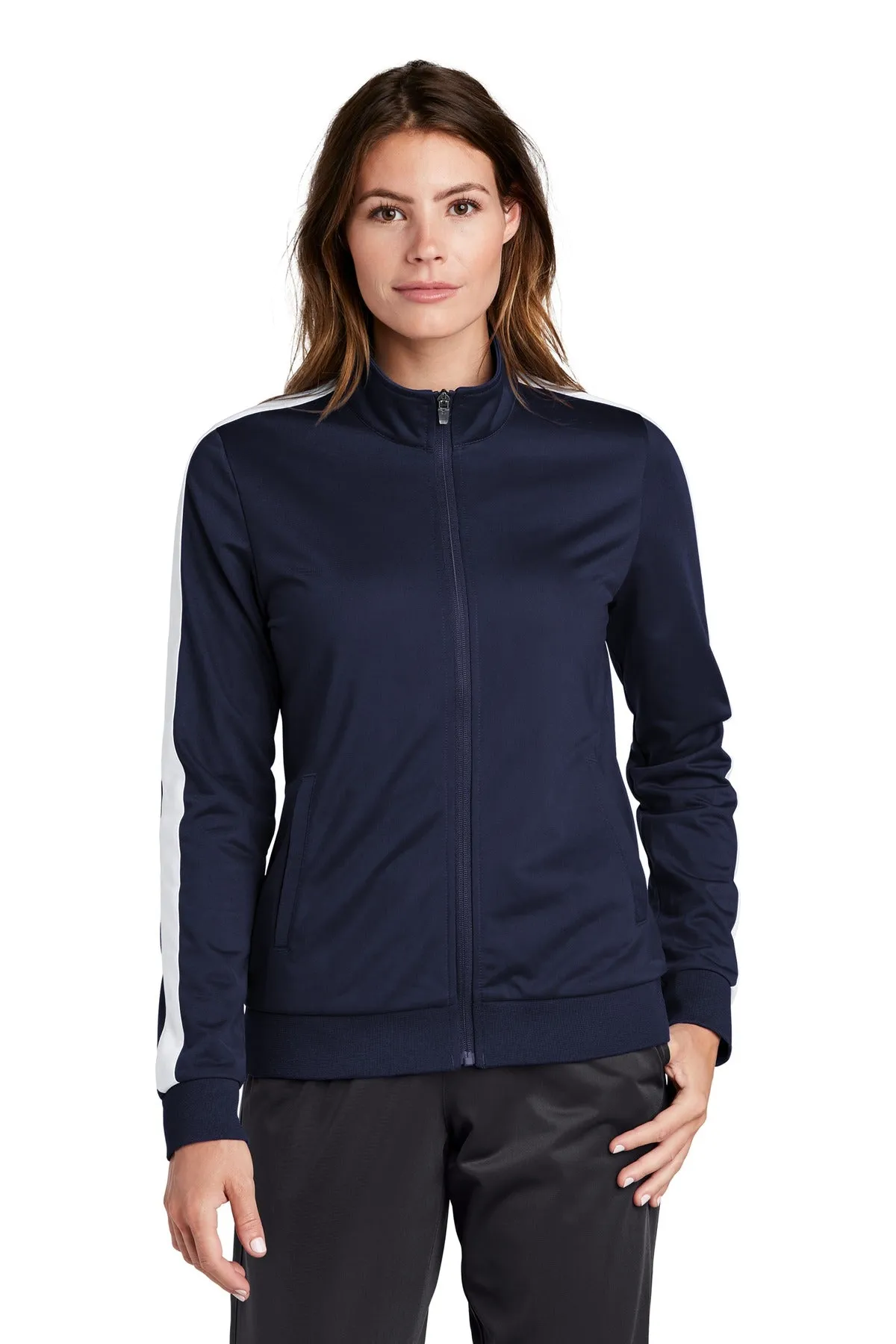 Sport-Tek  Ladies Tricot Sleeve Stripe Track Jacket. LST94 True Navy/ White
