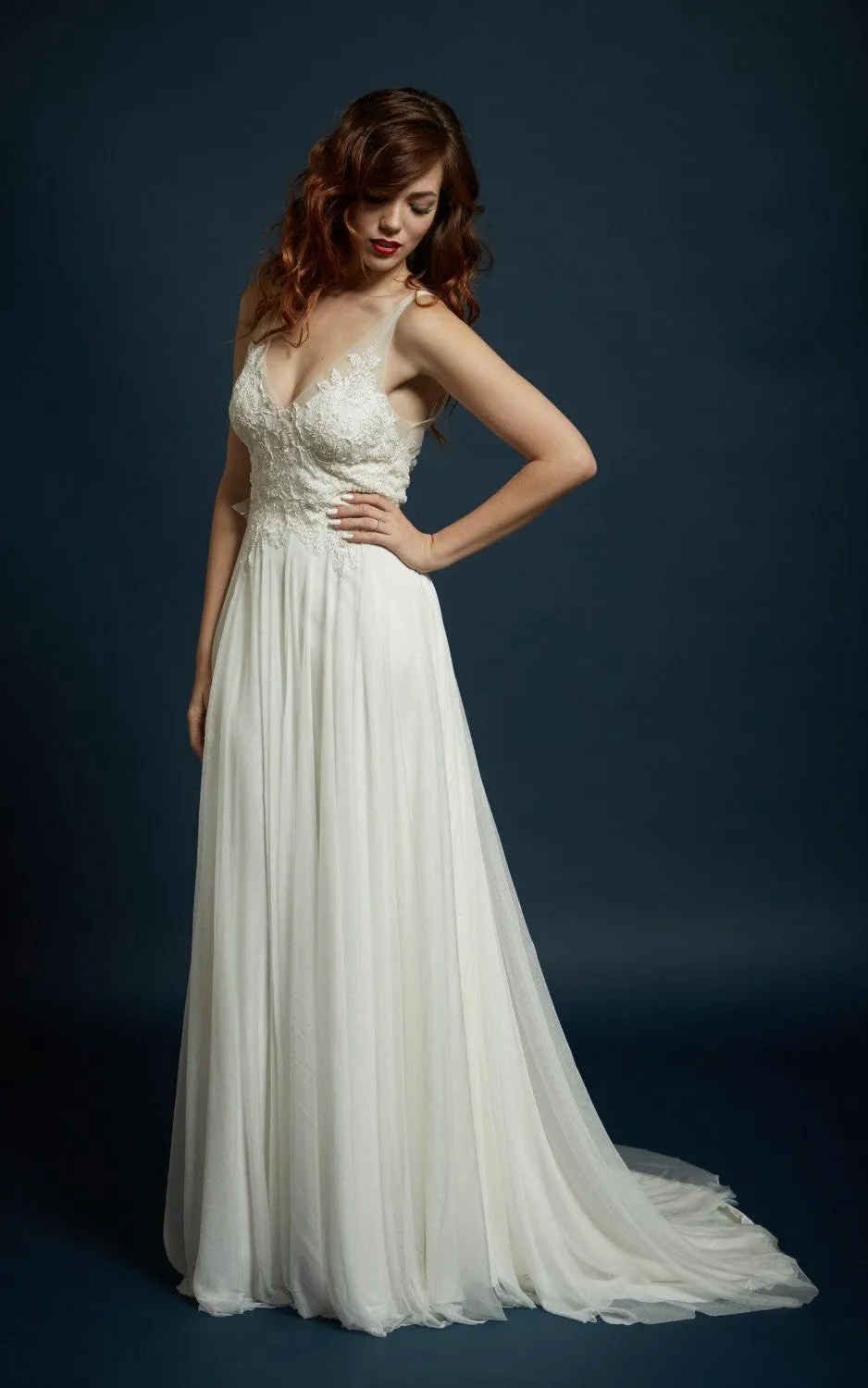 Strapped Tulle Lace Charmeuse Dress With Beading Embroideries Illusion-711345