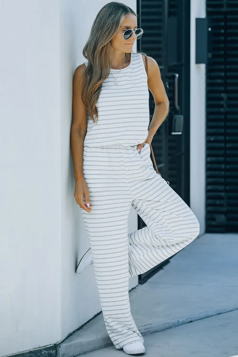 Striped Pocketed Sleeveless Jumpsuit