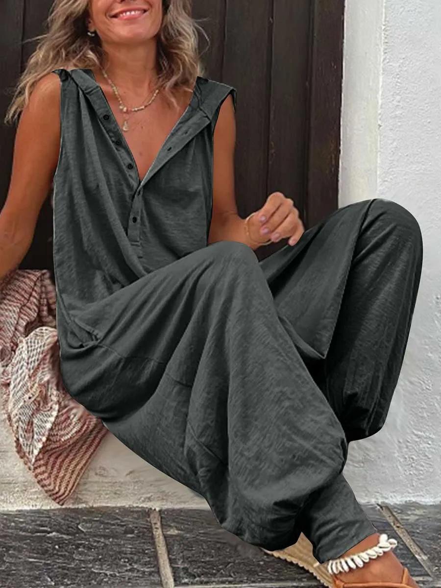 Stunncal Buttoned Hooded Sleeveless Pants Jumpsuit
