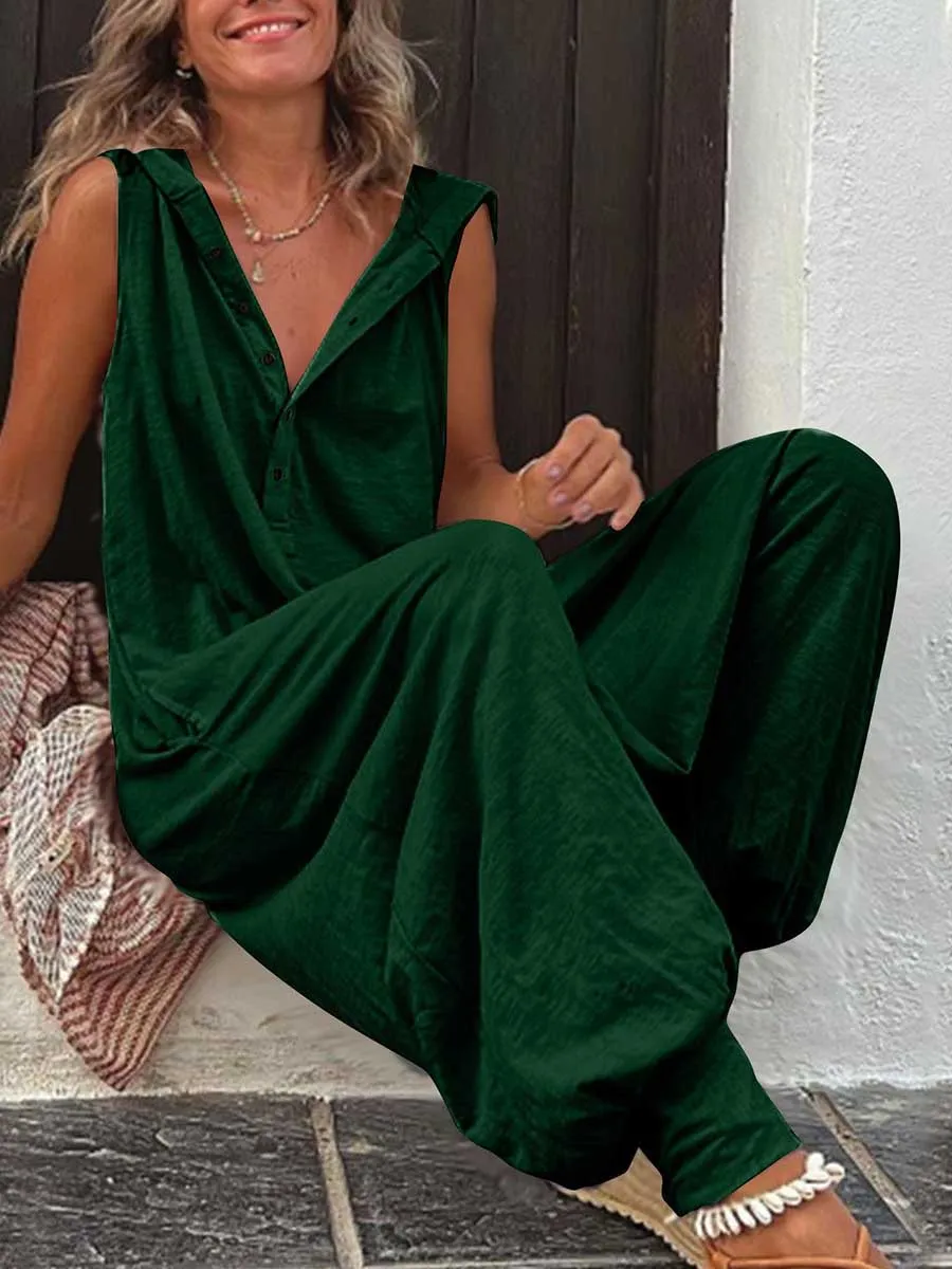 Stunncal Buttoned Hooded Sleeveless Pants Jumpsuit