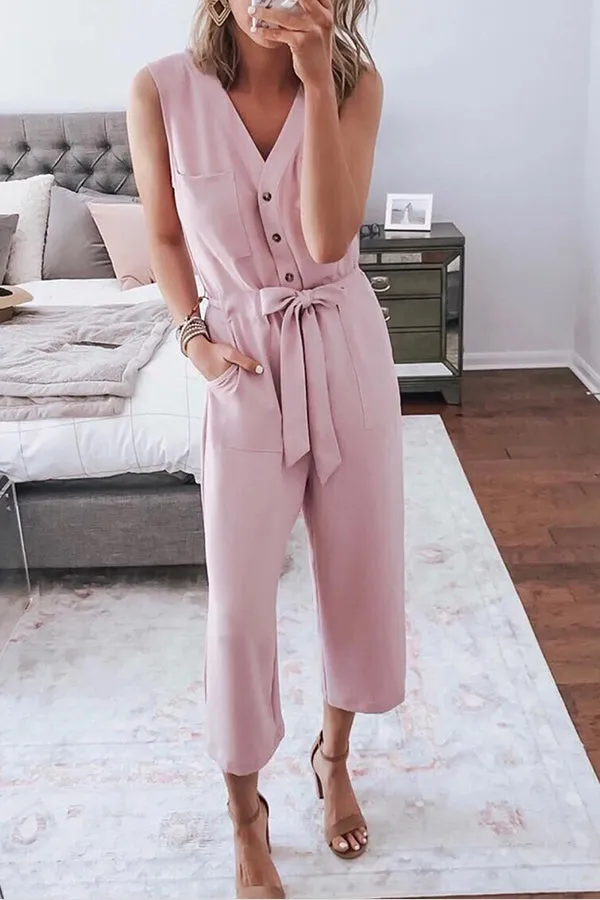 Stunncal Buttoned Sleeveless Cropped Jumpsuit With Sash