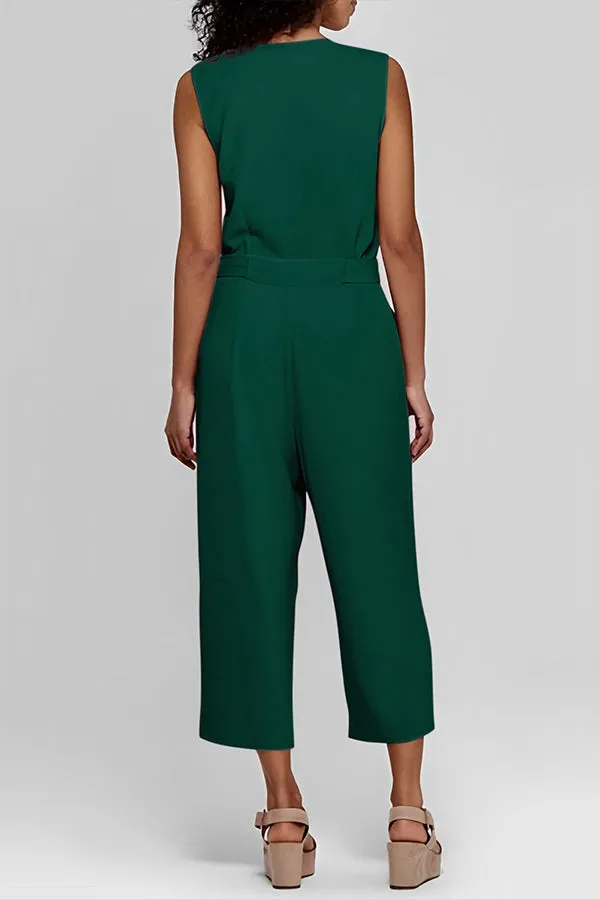 Stunncal Buttoned Sleeveless Cropped Jumpsuit With Sash