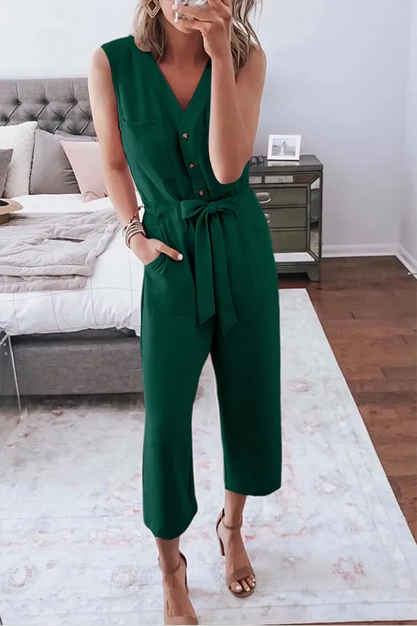 Stunncal Buttoned Sleeveless Cropped Jumpsuit With Sash