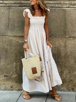Stunncal Collage Plaid Halter Casual Big Hem Dresses