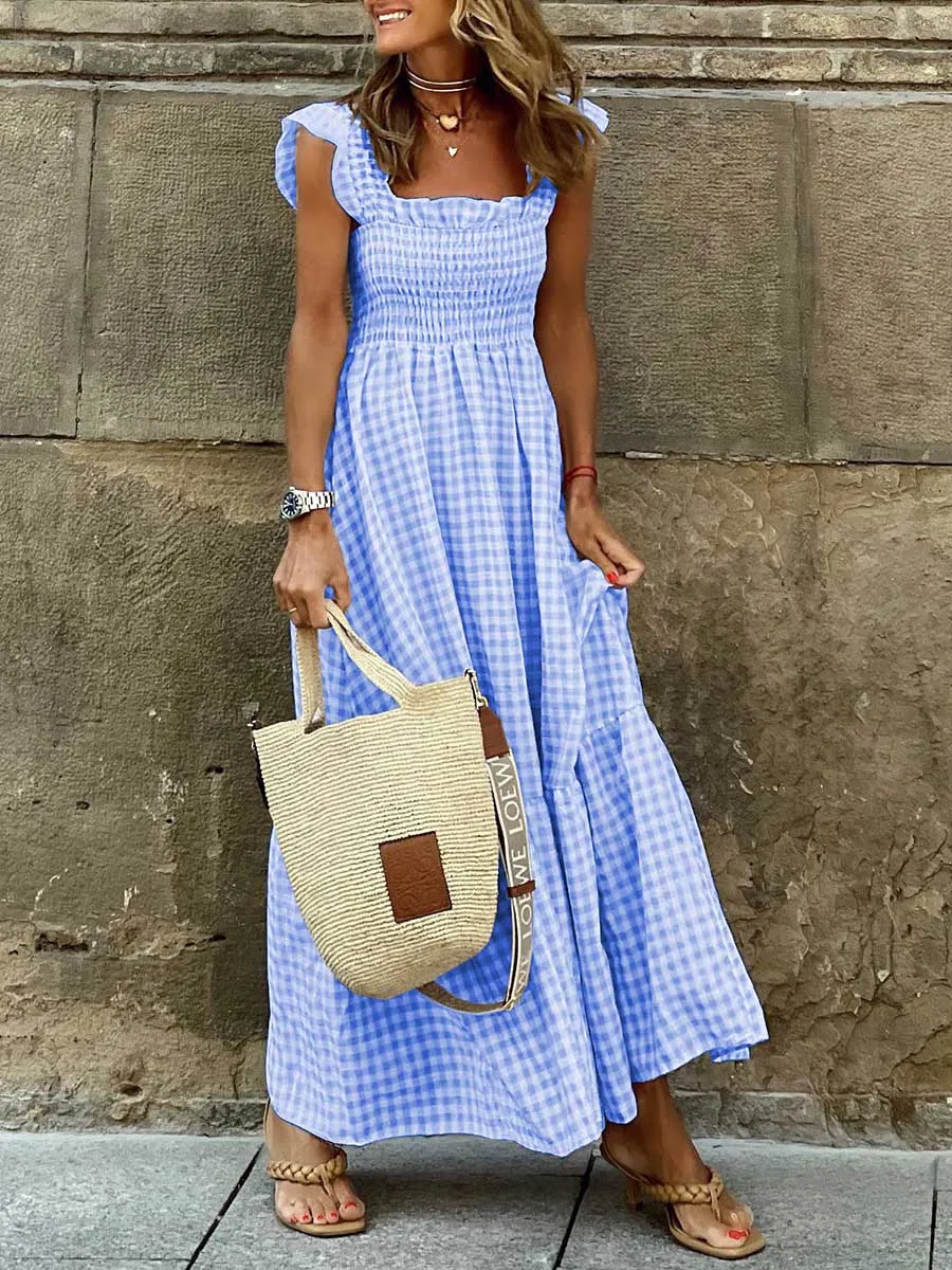 Stunncal Collage Plaid Halter Casual Big Hem Dresses