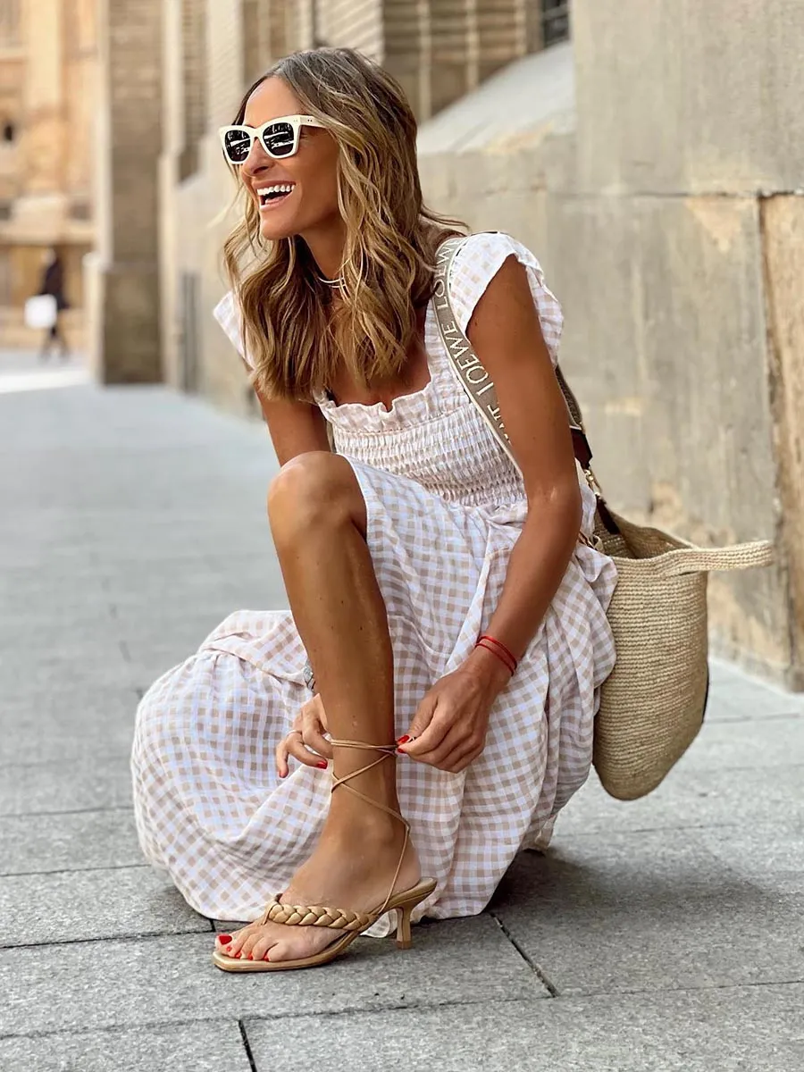Stunncal Collage Plaid Halter Casual Big Hem Dresses