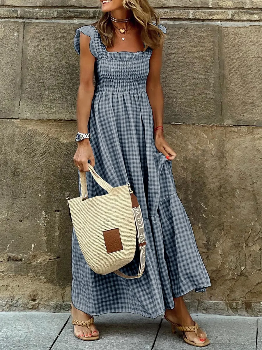 Stunncal Collage Plaid Halter Casual Big Hem Dresses