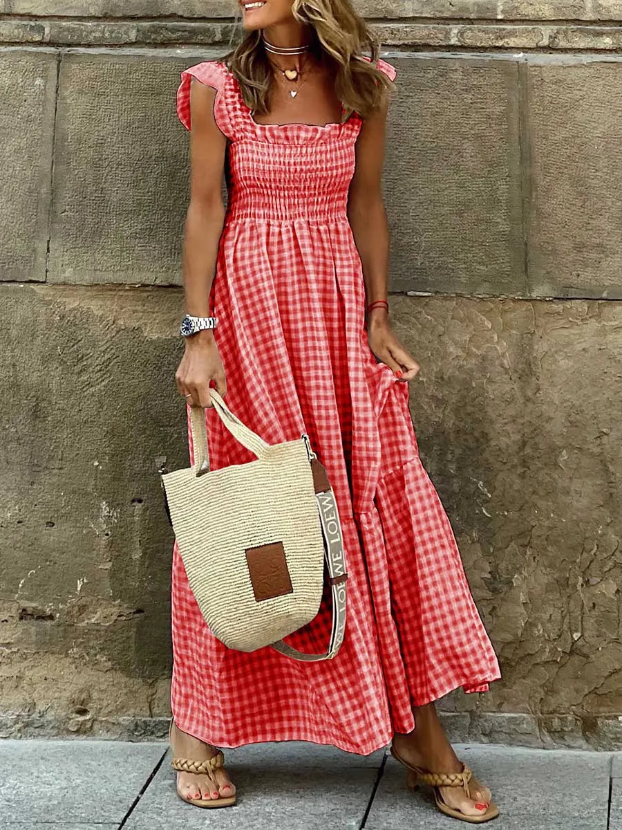 Stunncal Collage Plaid Halter Casual Big Hem Dresses