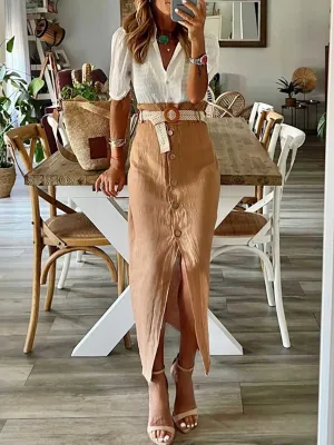 Stunncal Cotton Linen Button Half Skirt