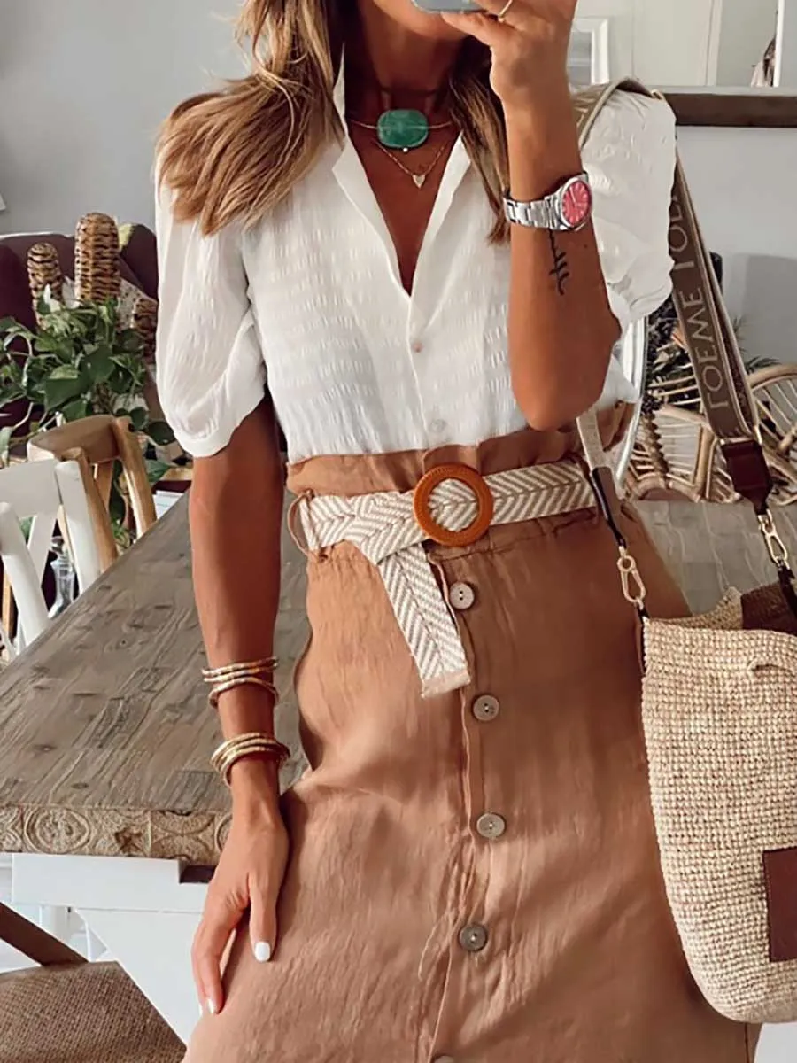 Stunncal Cotton Linen Button Half Skirt