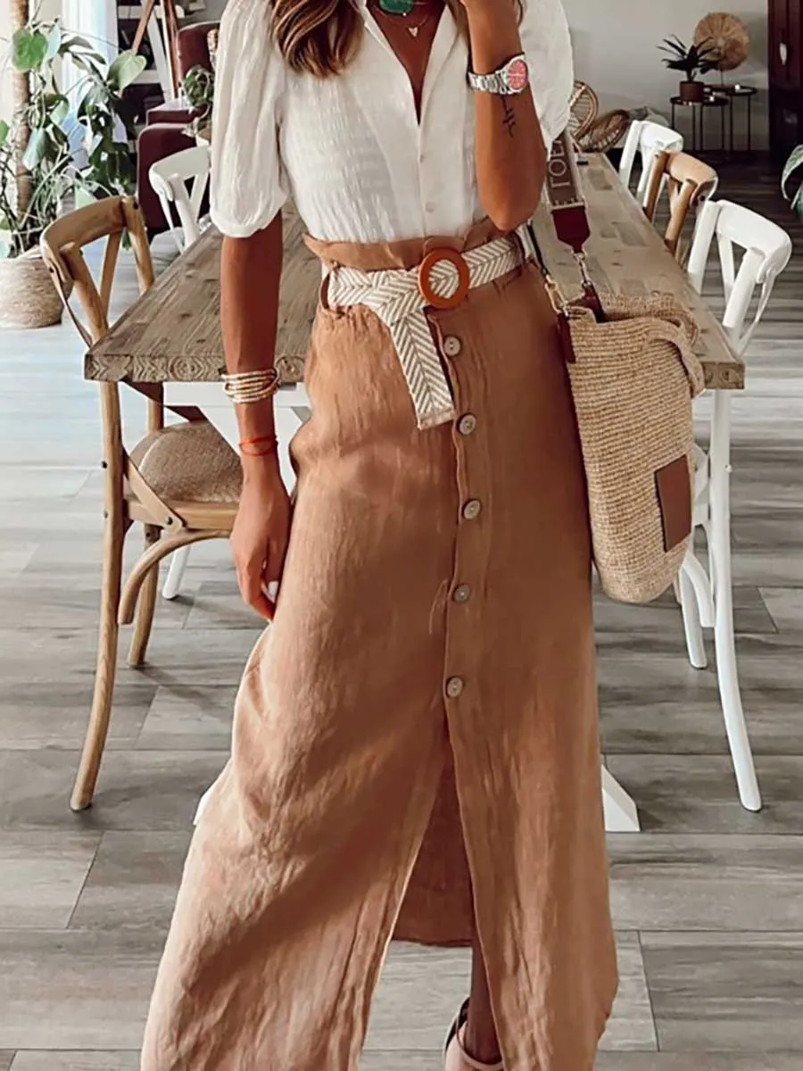 Stunncal Cotton Linen Button Half Skirt