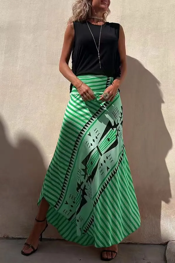 Stunncal Eva Satin Geometric Print Elastic Waist Maxi Skirt
