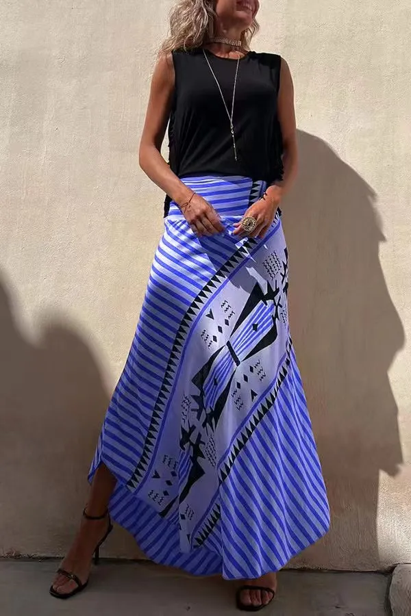 Stunncal Eva Satin Geometric Print Elastic Waist Maxi Skirt