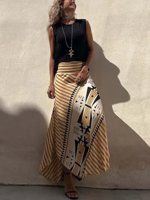 Stunncal Eva Satin Geometric Print Elastic Waist Maxi Skirt