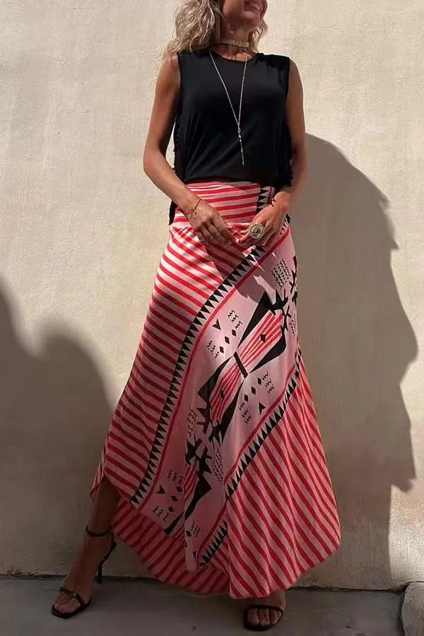 Stunncal Eva Satin Geometric Print Elastic Waist Maxi Skirt