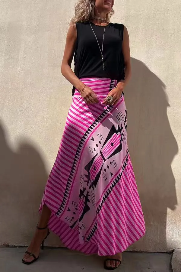 Stunncal Eva Satin Geometric Print Elastic Waist Maxi Skirt