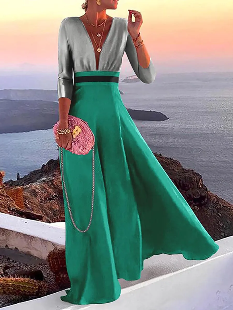Stunncal Fashion Print Long Sleeve Plunge V Neck Color Block Dresses