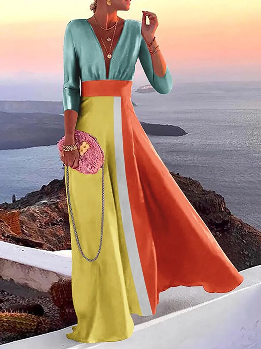 Stunncal Fashion Print Long Sleeve Plunge V Neck Color Block Dresses