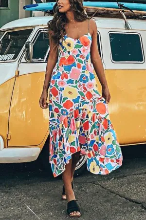 Stunncal Floral Printed Summer Backless Mid Calf Dress With Pocket