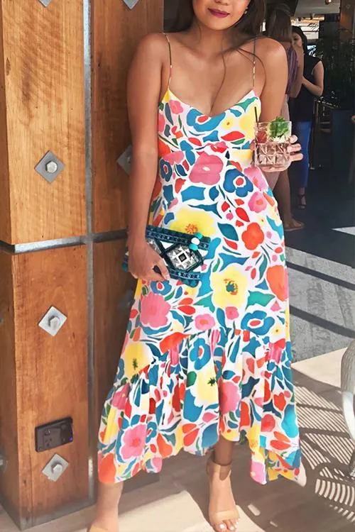 Stunncal Floral Printed Summer Backless Mid Calf Dress With Pocket