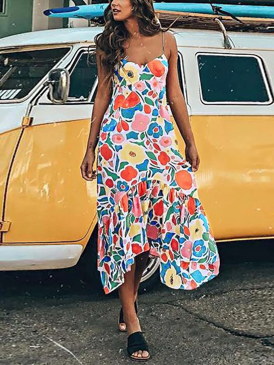 Stunncal Floral Printed Summer Backless Mid Calf Dress With Pocket