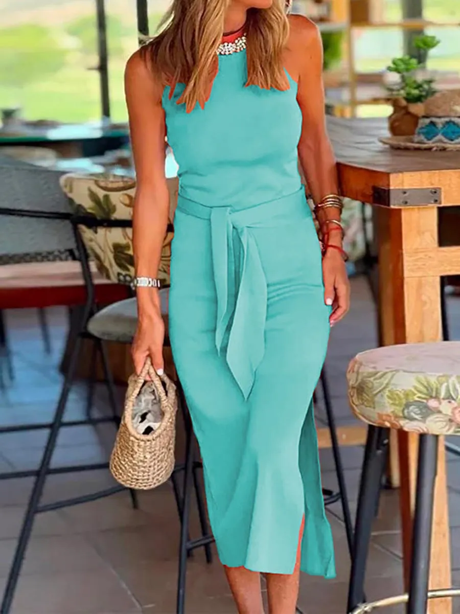 Stunncal Halter Sleeveless Tie Waist Side Split Dress