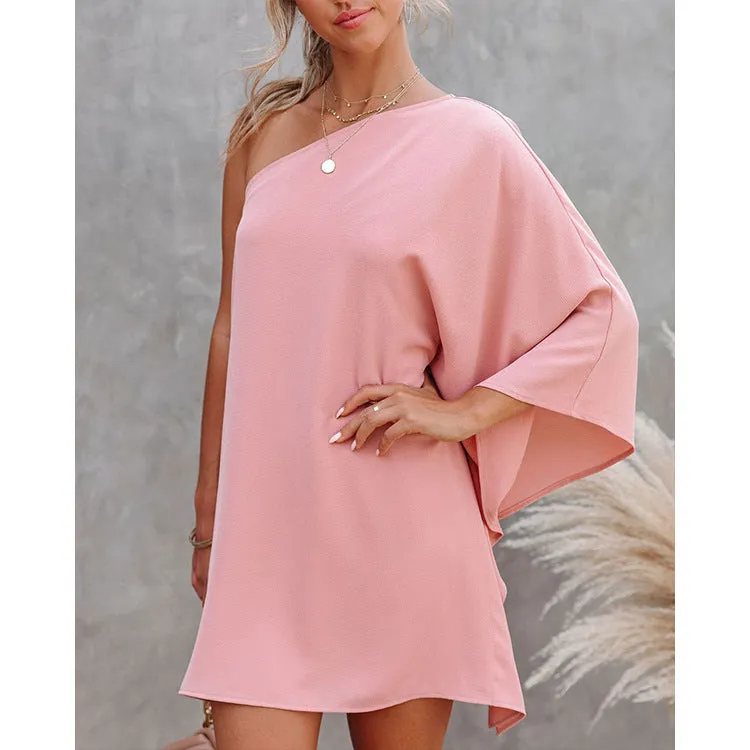 Stunncal Loose One-shoulder Diagonal Dress(8 colors)