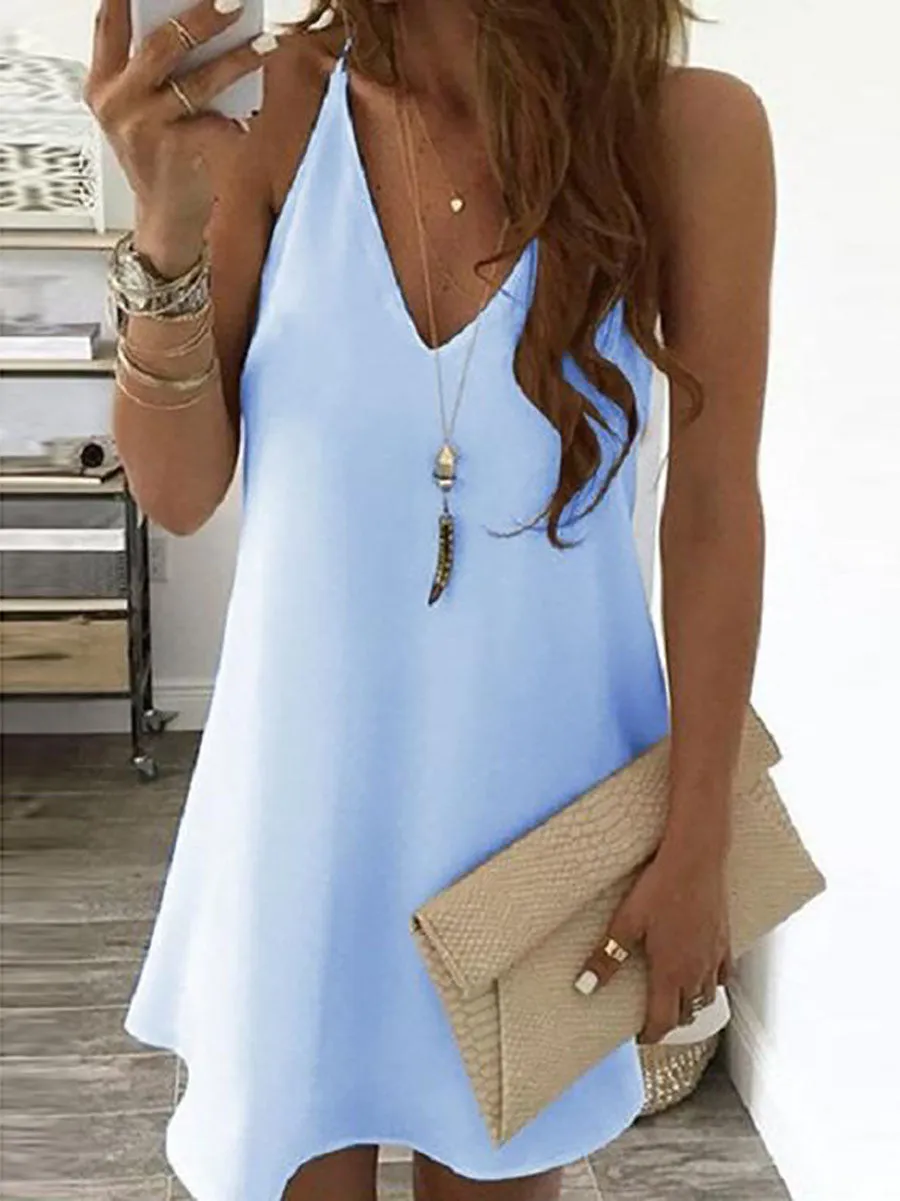 Stunncal Solid V Neck Sleeveless Mini Dress