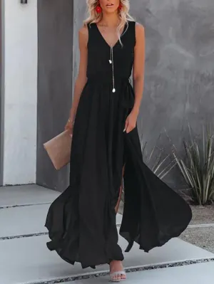 Stunncal V-Neck Sleeveless Solid Color Dress