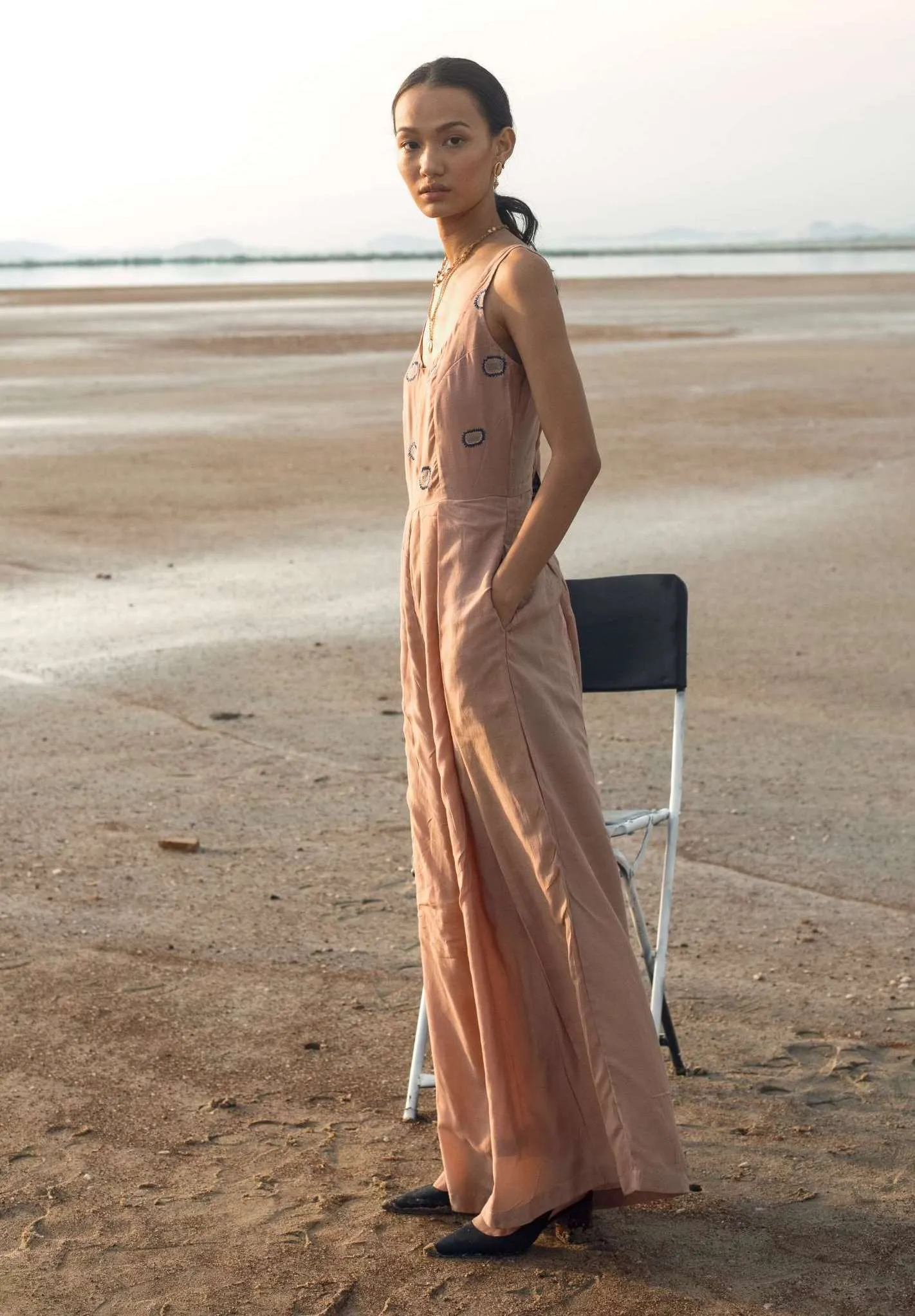 Tan Crepe & Teal Jumpsuit