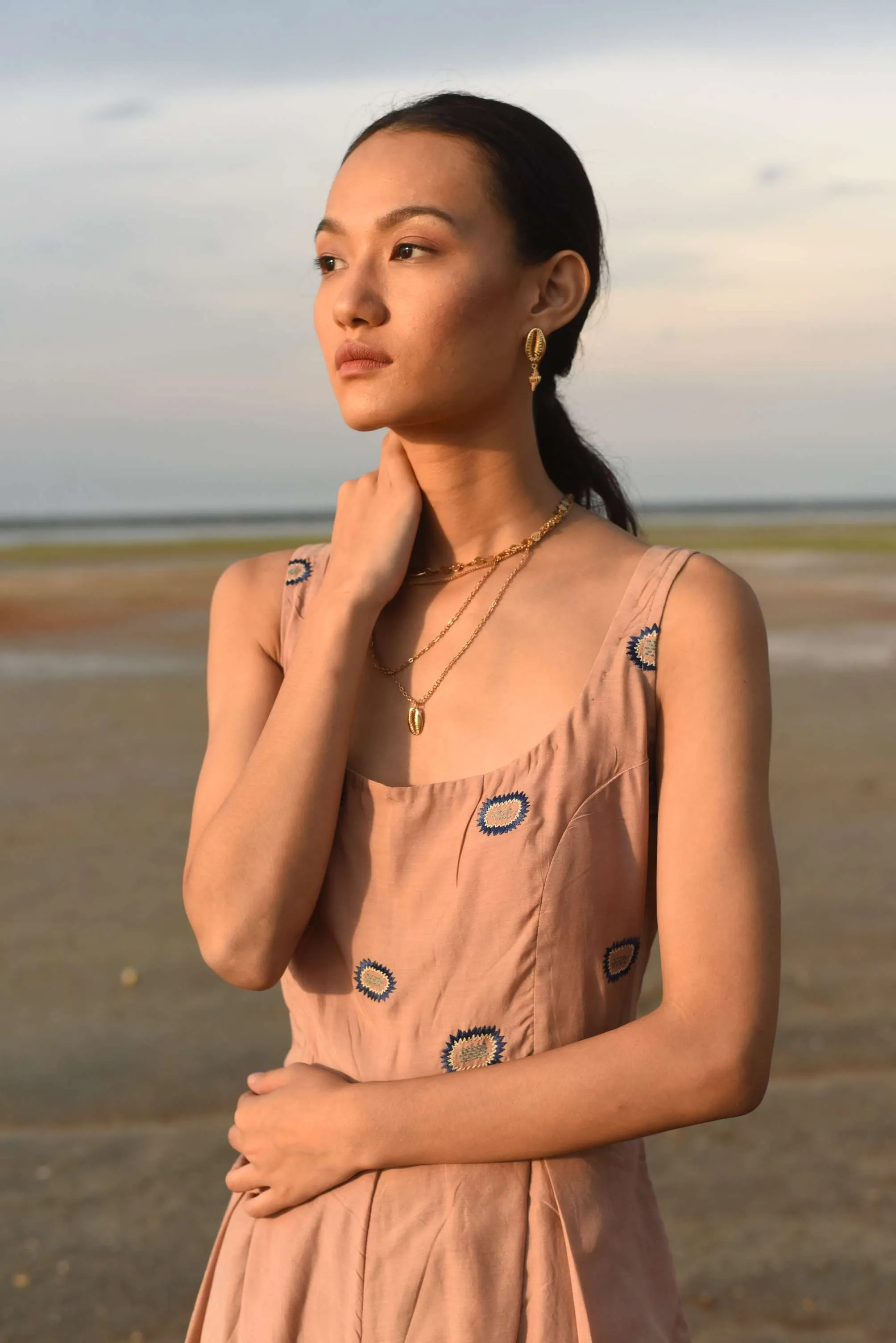 Tan Crepe & Teal Jumpsuit