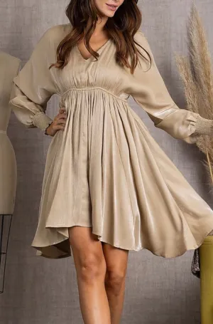 Tan V-Neck Long Sleeve Midi Dress