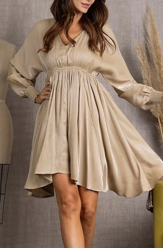 Tan V-Neck Long Sleeve Midi Dress