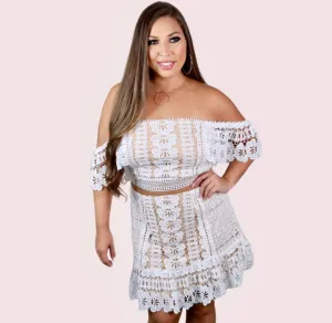 THEA WHITE AND NUDE ILLUSION LACE 2 PIECE SKIRT SET