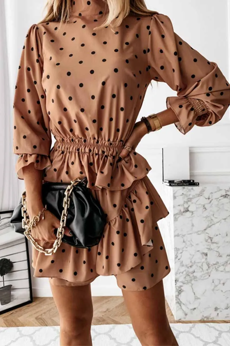 Thin Irregular Lotus Leaf Dot Printing Mini Dress(2 Colors)