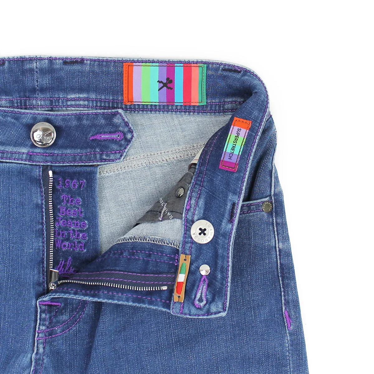 Tramarossa - Leonardo Slim 21E29 Purple Stitch Jeans in Mid Blue
