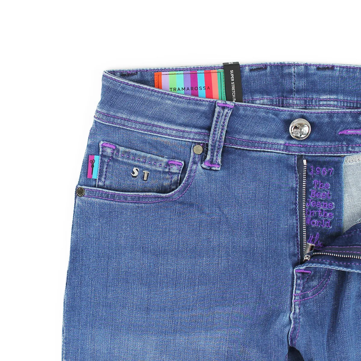 Tramarossa - Leonardo Slim 21E29 Purple Stitch Jeans in Mid Blue