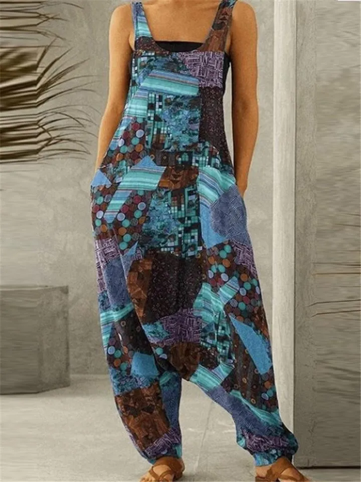 Trendy Loose Fit Scoop Neck Printed Sleeveless Pocket Jumpsuit