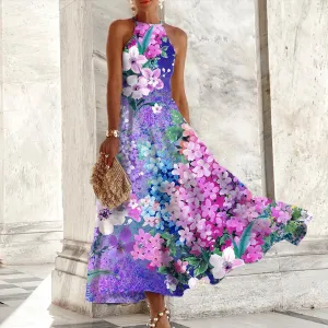 Tundra - Purple sleeveless maxi dress with floral print.
