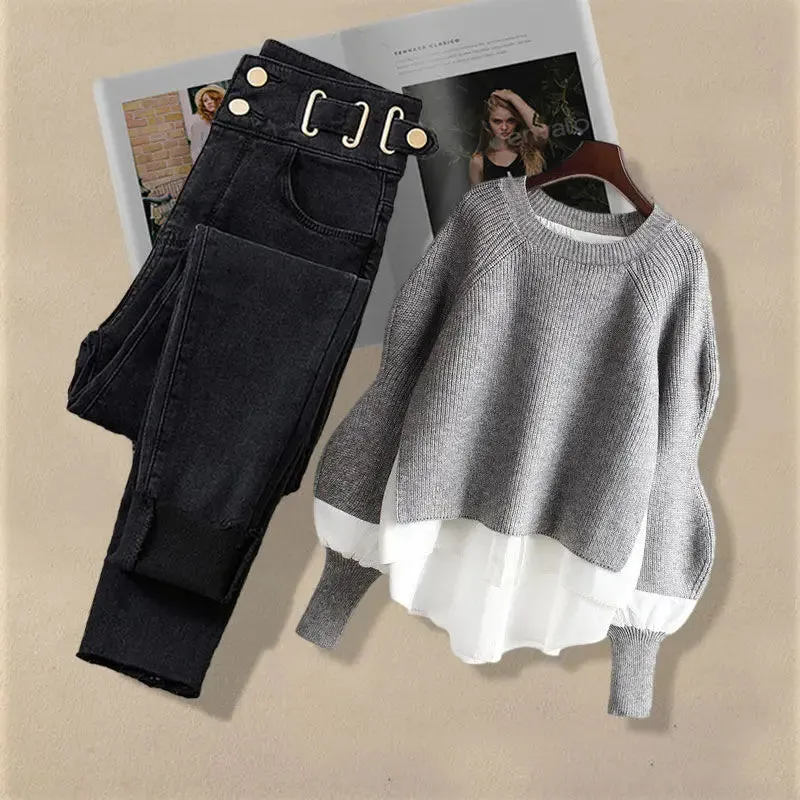 Two-piece Korean Fashion Style Shirt Top Slim & Casual Jeans Set