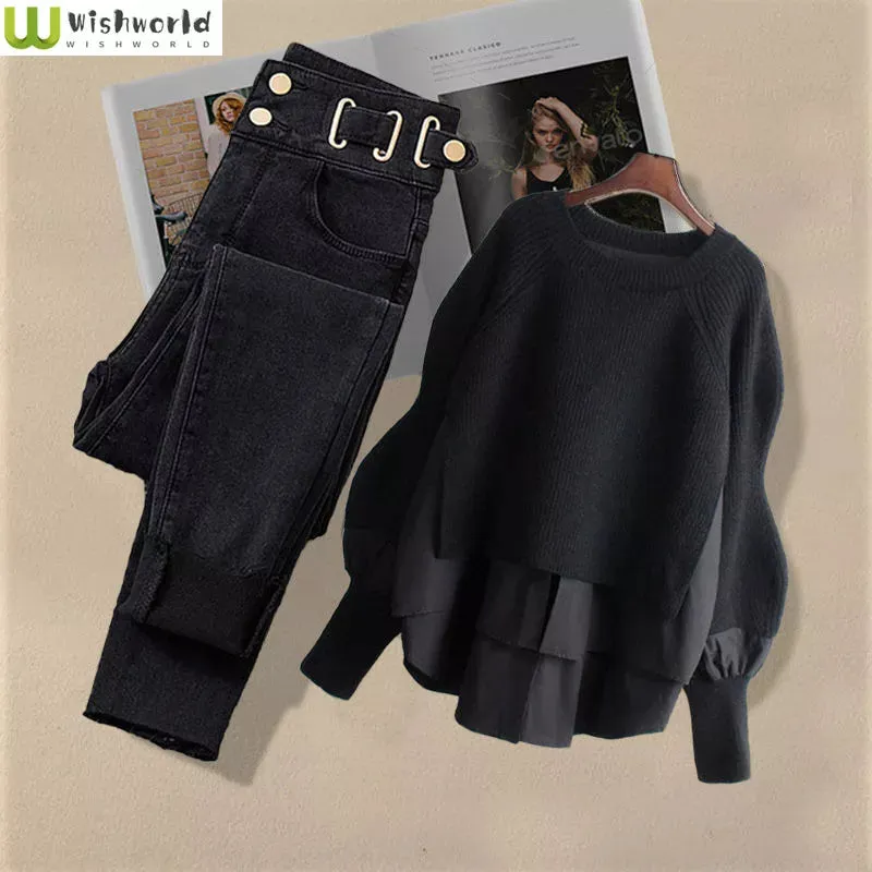 Two-piece Korean Fashion Style Shirt Top Slim & Casual Jeans Set