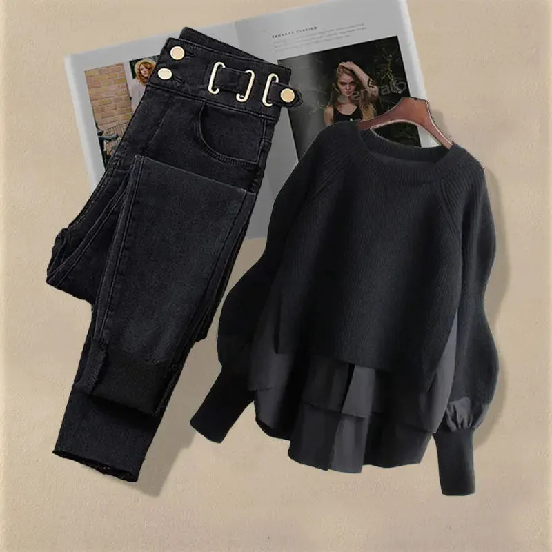 Two-piece Korean Fashion Style Shirt Top Slim & Casual Jeans Set