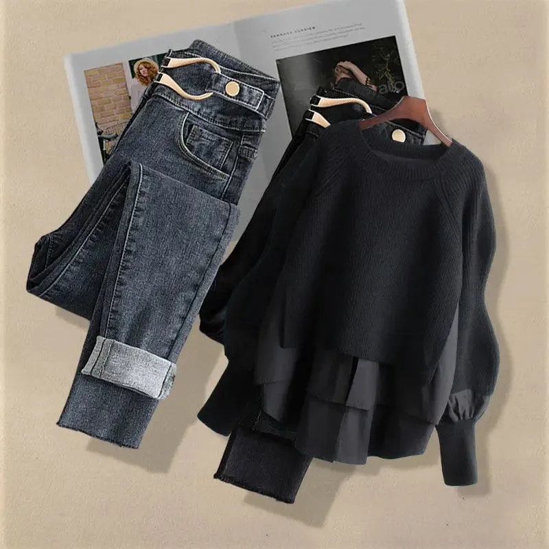Two-piece Korean Fashion Style Shirt Top Slim & Casual Jeans Set