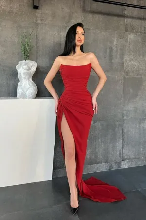 Unique Sweetheart Mermaid Red Prom Dresses with High Split Sleeveless Party Dress